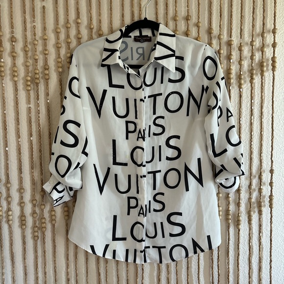 Louis Vuitton Monochrome White Black Embellished Button Down Logo Tab Shirt - Picture 1 of 9